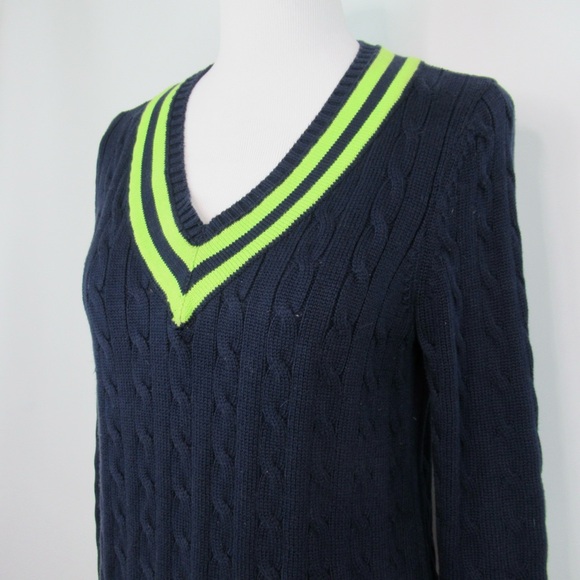 RALPH LAUREN Vintage Navy Blue V-Neck Cable Knit Tennis Sweater Women Size Large - Picture 8 of 13